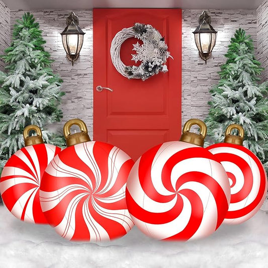 Jetec 4 Pcs Giant Inflatable Christmas Ball Large Xmas Inflatable Ornaments PVC Outdoor Holiday Blow Ball Outside Yard Lawn Porch Decorations (Candy,Red,White)