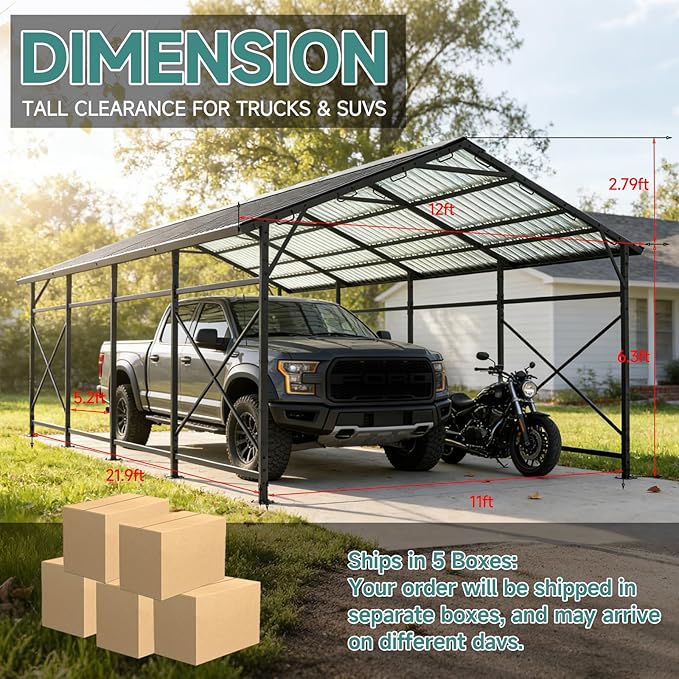Redlife 11x21 FT Metal Carport, Heavy Duty Steel Frame Garage Shelter with Sloped Metal Roof, 3-Layer 201D Oxford Fabric Sidewalls, UV & Snow Resistant Outdoor Car Canopy for Cars, Trucks & Boats