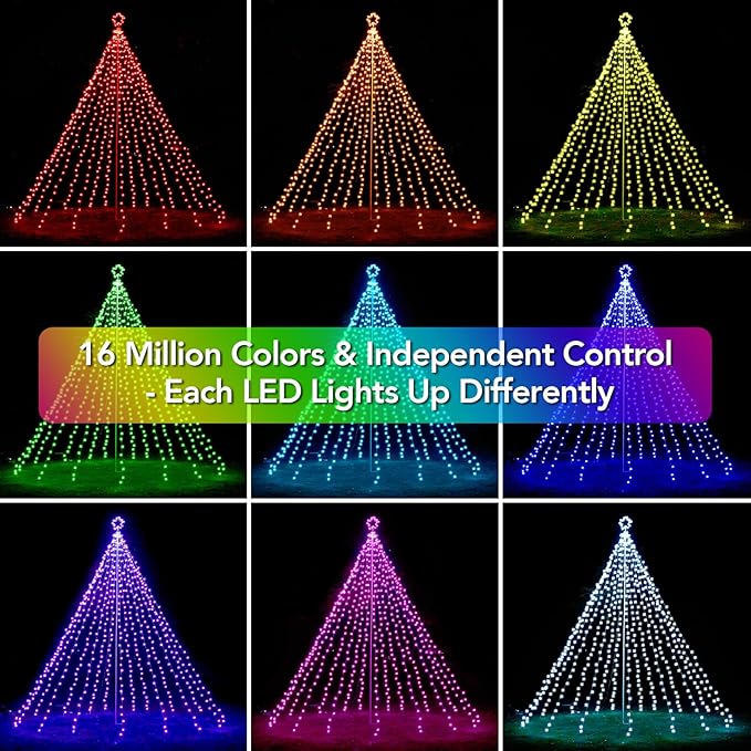 13.5FT Smart Christmas Tree Lights LED, Remote & App Control IP67 Waterproof multiple Scene Modes Waterfall Lights with Pole, Sync Music Modes Christmas Decorations for Outdoor Xmas Party Wedding