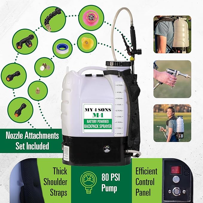 Backpack Sprayer - MY4SONS M4 4-Gallon Battery Powered - Cordless Electric Pump, Adjustable Wand, Waterproof Tank, Powerful 80 PSI Pump, Ideal for Garden, Lawn, Field, Fertilizers & Concrete Sealing