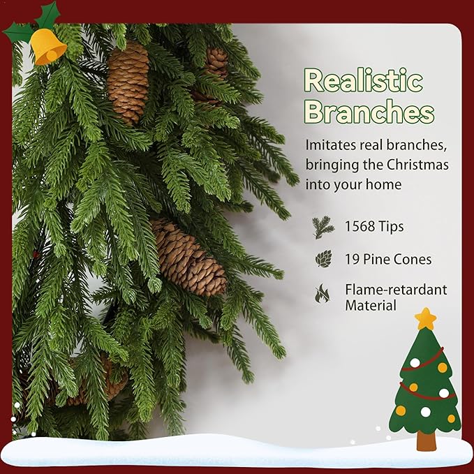 HOMCOM 36 inch Christmas Wreath with Pine Cones, Artificial Norfolk Pine Wreath with 224 Realistic Branches for Door, Wall, Window, Indoor Decoration, Green