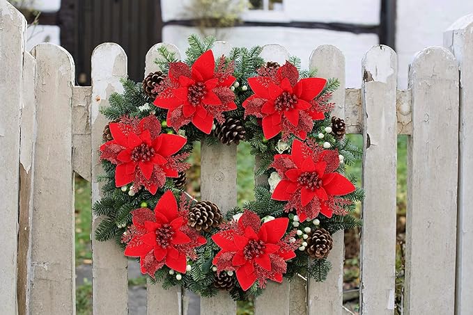 RECUTMS 10 PCS Red Glitter Poinsettia Flowers Christmas Tree Ornaments Fake Christmas Flowers Artificial Christmas Flowers Decorations Wedding Xmas Tree New Year Ornaments Wreath Decoration(Red)