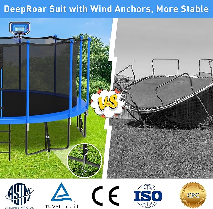 DeepRoar 2026 Upgraded 8FT 10FT 12FT 14FT 15FT 16FT Outdoor Tranpoline for Kids, Big tranpoline with Basketball Hoop, Lights, Sprinkler & Socks, Heavy Duty tranpoline 1500LB, ASTM Approved Tranpoing