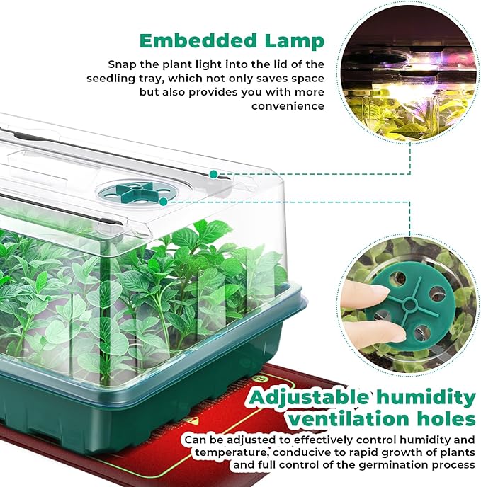 Seed Starter Tray, 96-Cell Seed Growing Tray with Grow Lights, Heat Mat, Indoor Gardening Plant Germination Trays (Green, 5 x 14.5 x 11 inches)