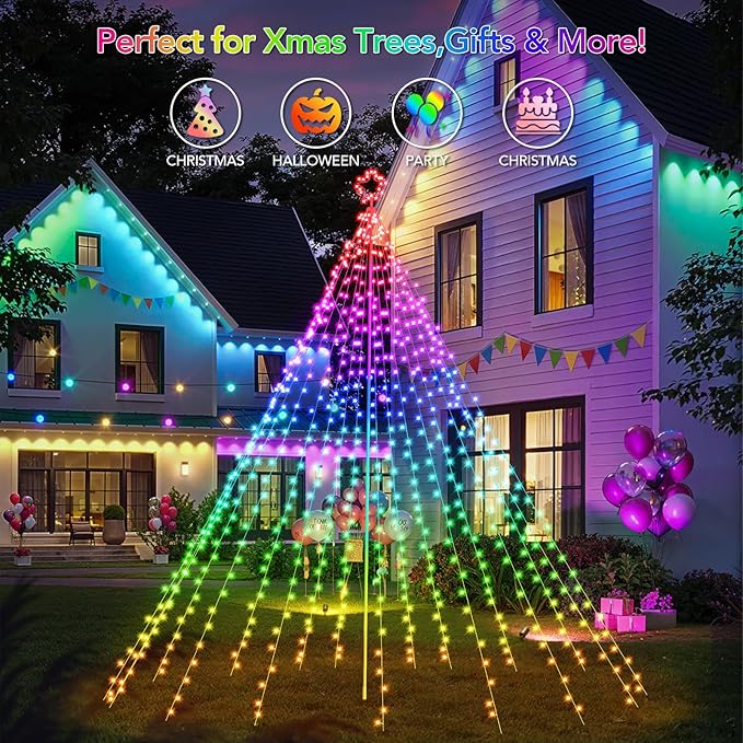 13.5FT Smart Christmas Tree Lights LED, Remote & App Control IP67 Waterproof multiple Scene Modes Waterfall Lights with Pole, Sync Music Modes Christmas Decorations for Outdoor Xmas Party Wedding