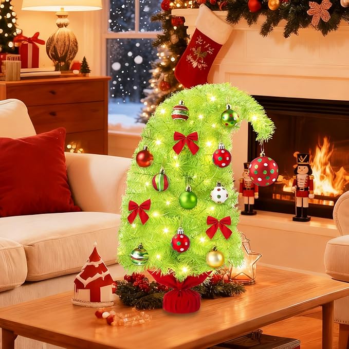 2FT Artificial Whimsical Christmas Tree Lime Small Bendable Christmas Tree with Lights Hanging Balls Bows Curved Shape Tabletop Tree Decor for Xmas Holiday Indoor Outdoor Decor
