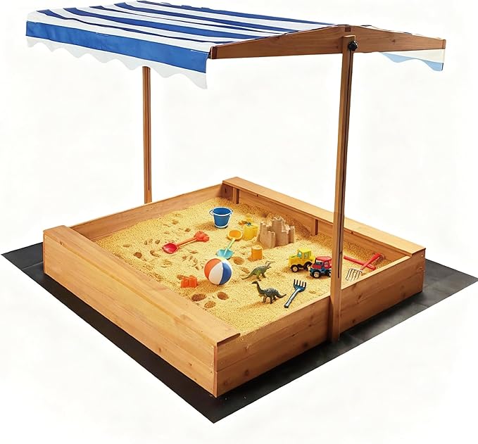 Kids Wooden Sandbox with Adjustable Canopy & Sand Protection Liner ? Large Outdoor Sandpit for Ages 3-8, Backyard/Garden Play Shelter