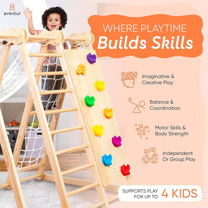 Avenlur 8-in-1 Indoor Play Gym ? Toddler Jungle Gym for Kids Ages 2?6 ? Indoor Playground Wooden Climbing Playset with Slide, Monkey Bars, Ladder, Rope Ladder, Rock Climbing, Swing, Rings, Disc Swing