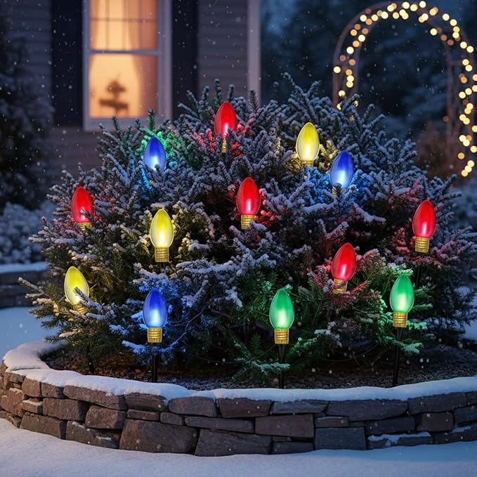 Christmas Lights Jumbo C9 Outdoor Lawn Decorations with Pathway Marker Stakes, 2 Pack 7 Feet String Lights with Transparent Multicolored Light Bulb for Holiday Outside Yard Garden Decor, 8 Lights