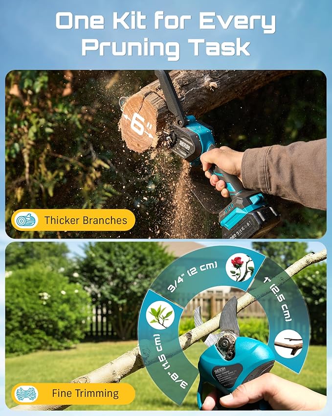 SEESII Mini Chainsaw & Electric Pruning Shears Combo, 6-inch Brushless Handheld Power Chain Saw, 1.2¡± Cutting Cordless Pruner for Tree Trimming, Tools Kit with 2x2000mAh Batteries, Fast Charger