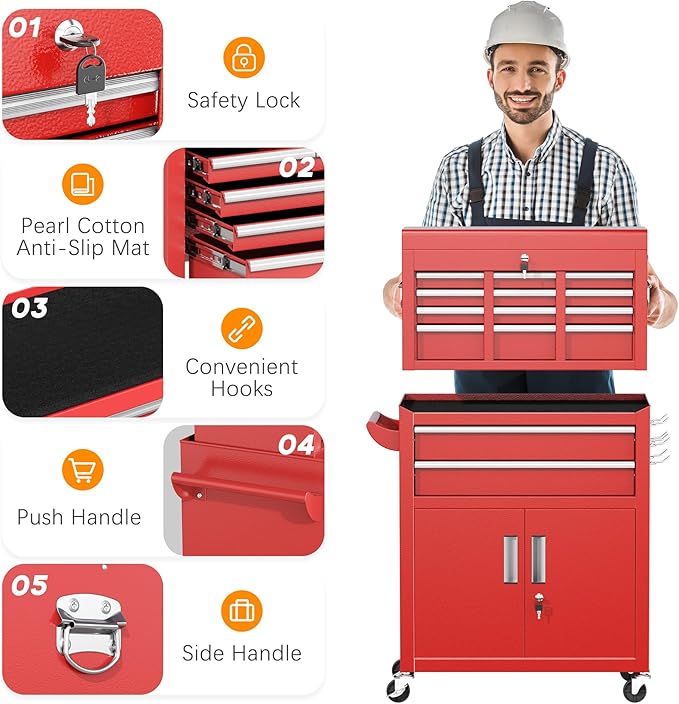 INTERGREAT Tool Chest Cabinet,8-Drawer Rolling Tool Chest with Detachable Top Tool Box, Tool Chests with Universal Lockable Wheels, Metal Tool Cart for Garage, Workshop, Barbershop(Red)
