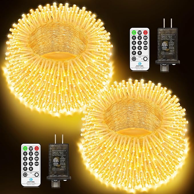 JXLEDAYY 2 Pack 403 FT 1000 LED Christmas Lights Outdoor Fairy Lights Plug in Clear Wire String Lights with Remote Timer 8 Modes for Outside House Tree Garden Wedding Party Decorations-Warm White