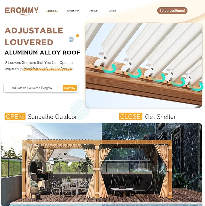 EROMMY Louvered Pergola 10' x 20' Outdoor Hard Top Gazebo with Wooden Grain Aluminum Frame and Adjustable Metal Rainproof Roof for Garden & Patio, Curtains and Netting Included, Wood Grain