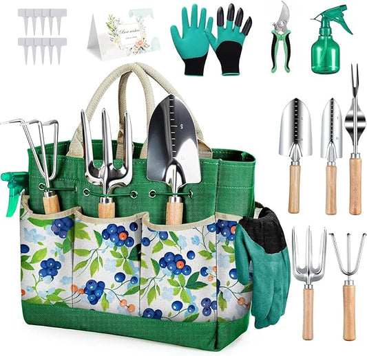 Gardening Tools Set, 11-Piece Heavy Duty Rust-Proof Garden Supplies Perfect Gardening Gifts for Women and Beginner, Green
