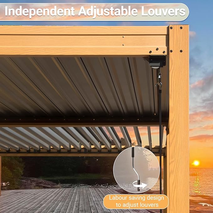 10’ x 16’ Louvered Pergola, Outdoor Pergola Aluminum Frame with Adjustable Rainproof Metal Roof, Permanent Sun Shade with Drainage System for Backyard, Garden and Lawn (Wooden Grain)