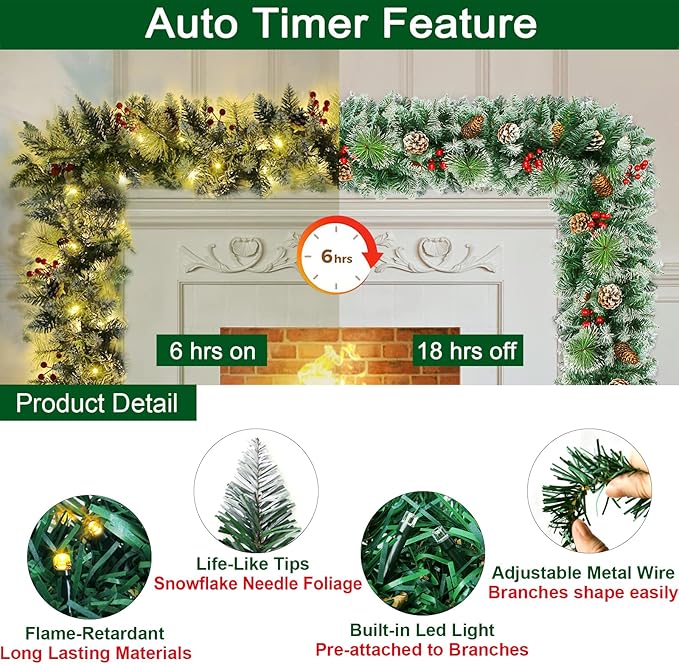 9FT Flocked Christmas Garland with 100 Lights for Mantle - Prelit Christmas Garland Lighted Xmas Garland Pine Cone Berry Cebar Garland Lights with Timer Outdoor Indoor Decorations