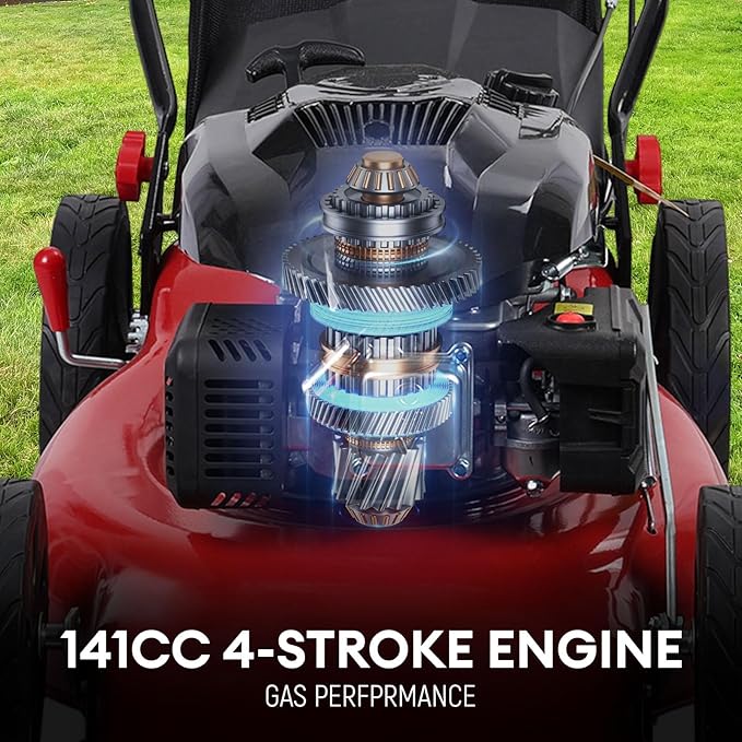 3 in 1 Gas Lawn Mower Self Propelled,141cc OHV Engine with Air Cooling, 20" Steel Deck, 8-Level Height Adjustment, 50L Grass Tank, Foldable Design Red