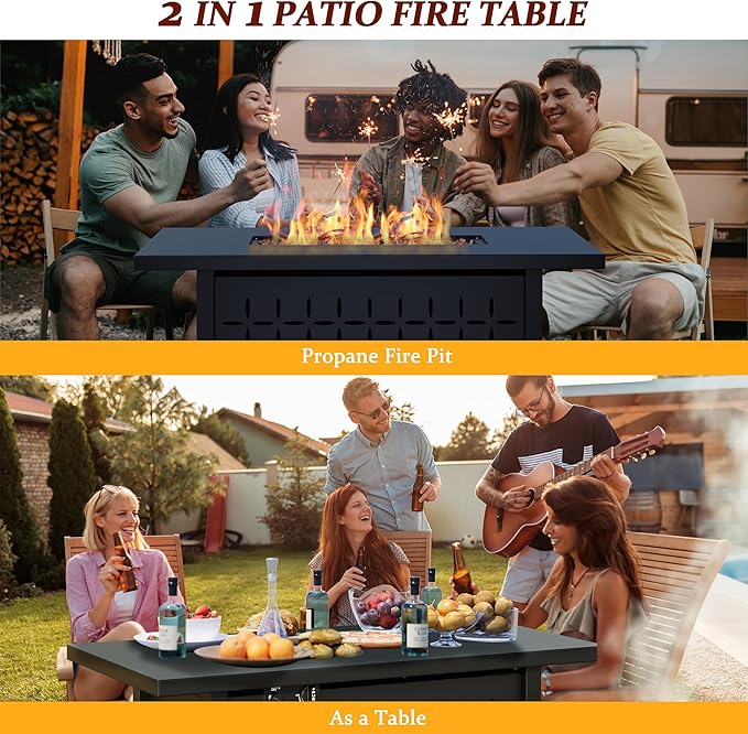 Vongrasig 43 Inch Propane Fire Pit, Outdoor Gas Fire Pit Table with Lid, Lava Rock, 50,000 BTU 2 in 1 Rectangular Table Top Firepit for Patio, Deck, Garden, Backyard