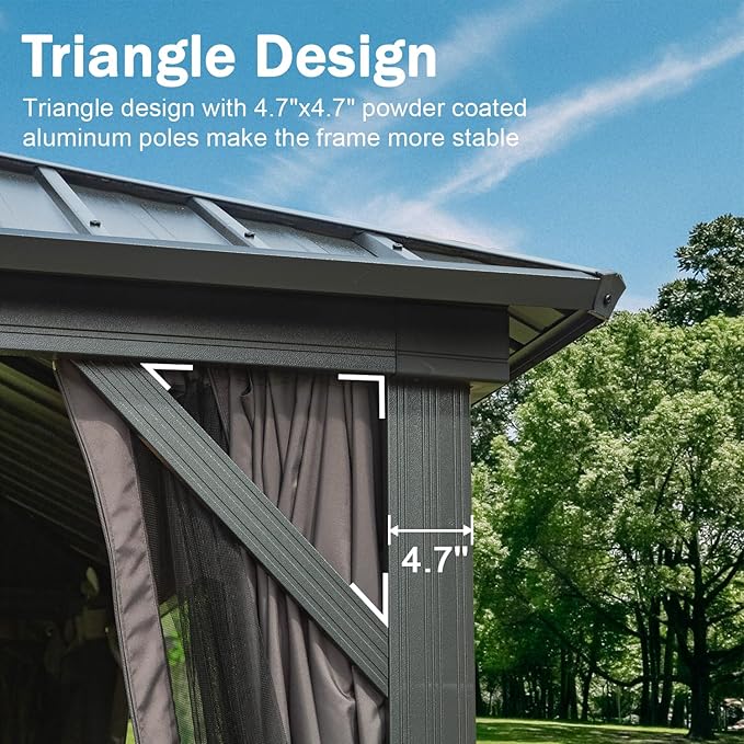 Domi 10x14FT Hardtop Gazebos, Aluminum Metal Gazebo with Galvanized Steel Double Roof Canopy, Curtain and Netting, Permanent Gazebo Pavilion for Patio, Backyard, Deck and Lawn, Grey
