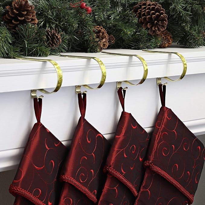 Haute Decor The Original MantleClip Stocking Holder - 4 Pack (Prismatic Gold) - Hang Christmas Stockings Safely and Securely from Mantels Up to 3 Inches Thick