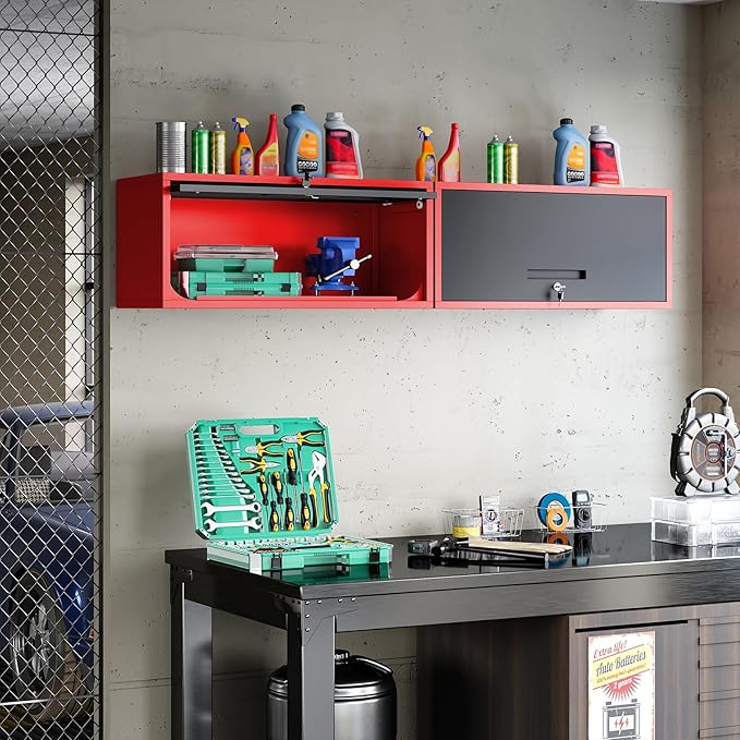Metal Wall Storage Cabinet with Up-flip Door, Wall-Mounted Storage Cabinet for Garage, Warehouse, Home, Office, Assembly Required (Black Red, One Cabinet)