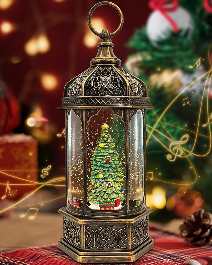 Christmas Snow Globes Light up Lantern with 8 Songs, 13" Christmas Tree & Rotating Train Snow Globe for Kids Adults, 6H Timer & Dual Power, Snowglobes Christmas Decorations Indoor Gifts for Women Men