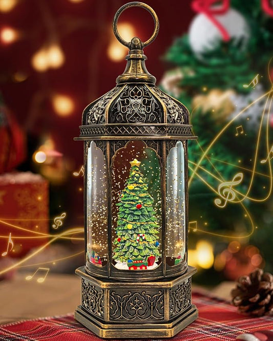 Christmas Snow Globes Light up Lantern with 8 Songs, 13" Christmas Tree & Rotating Train Snow Globe for Kids Adults, 6H Timer & Dual Power, Snowglobes Christmas Decorations Indoor Gifts for Women Men
