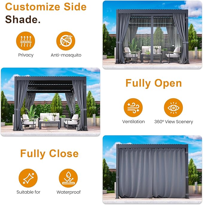 10' x 12' Louvered Pergola, Outdoor Pergola with Curtains & Netting, Metal Patio Pergola with Adjustable Louvers Roof and Gutter System, Metal Hardtop Gazebo for Patio, Deck, Garden, Yard, Dark Gray