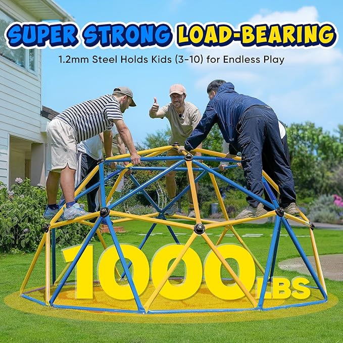 Zupapa 10FT Climbing Dome with Hammock, Outdoor Jungle Gym for Kids, Geometric Dome Climber Supporting 1000LBS Outdoor Play Equipment, Yellow&Blue