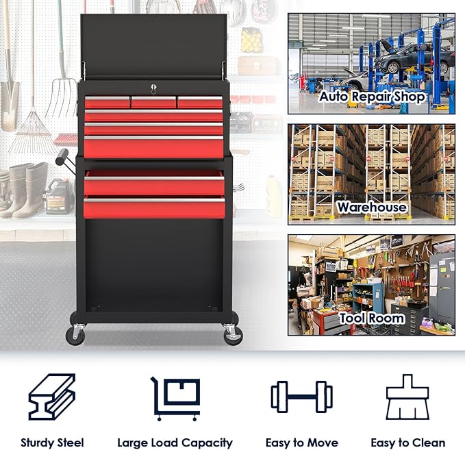 8-Drawer Rolling Tool Chest, High Capacity Removable Tool Storage Cabinet, Detachable Toolbox with Lock for Garage Warehouse and Workshop (BlackRed)