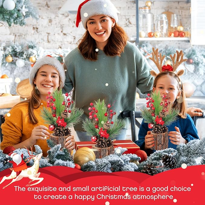 6 Pcs 11 Inch Christmas Tree Tabletop Artificial Mini Christmas Tree Decorations with Holiday Ornaments Pine Cone Berry Farmhouse for Fireplace Home Indoor Decor (Classic)