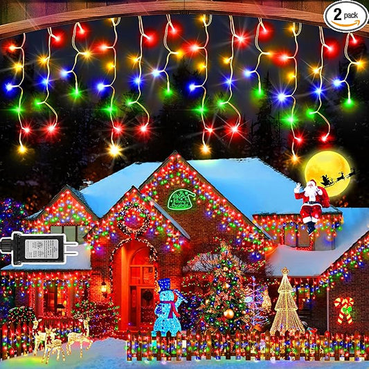 SAUIRS 2Pack 320 LED Christmas Lights Outdoor Decorations with 120 Drops Timer 8Mode 66FT Curtaing Lights Waterproof Plug in Fairy Lights for Indoor,Xmas,Party,Patio,Window,Trees Decor(Multicolor)