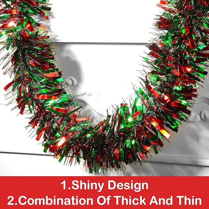 50ft Metallic Tinsel Garland - Christmas Tree Hanging Decorations for Indoor/Outdoor Use (Red, Green, Black)
