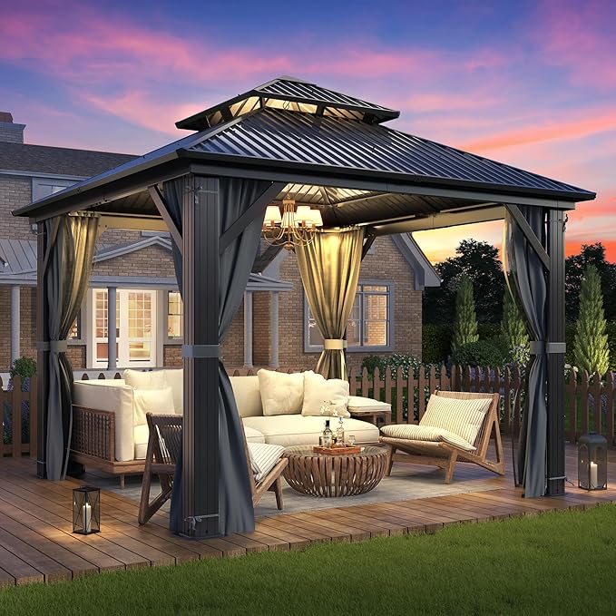 GARTOO 9.5x9.5FT Outdoor Hardtop Gazebo with Double Roof - Aluminum Heavy-Duty Steel Top Gazebo with Breathable Netting & Privacy Curtain for Patio, Porch, Garden, Lawn, Deck, Backyard
