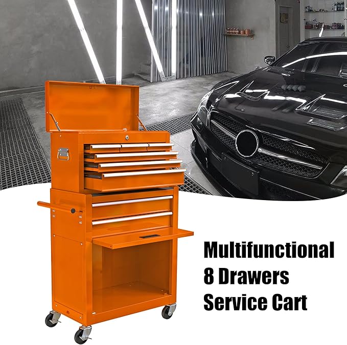 High Capacity Rolling Tool Chest with Wheels and 8 Drawers,Metal Storage Tool Cabinet W/Mobile Case,Pull Handle,4 Hooks,for Workshop Mechanics Garage,Orange