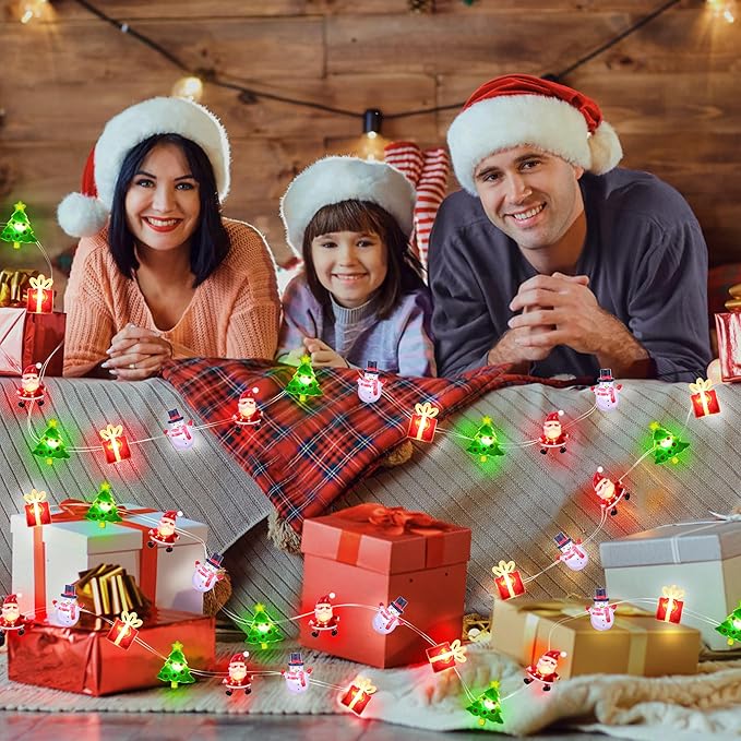 Christmas String Lights 12FT 32 LED Christmas Tree Santa Clause Snowman Gift Box Xmas String Lights Battery Operated Holiday Fairy Lights for Tree Light Decorations Table Home Indoor Holiday Decor
