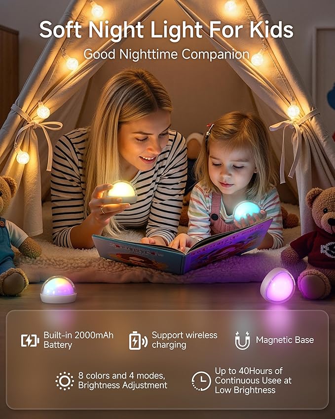 ZEEHOO Night Light, Portable Wireless Rechargeable Egg Lamp for Nursery & Bedroom, 2000mAh Dimmable Bedside LED Night Light (8 Colors, 4 Modes), Soft Eye-Caring Ambient Lamp for Kids, Toddler, Gift