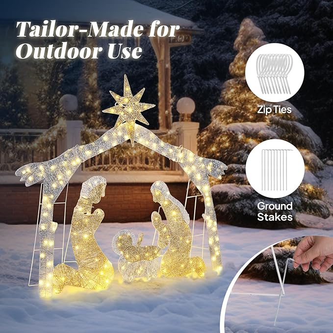 Yescom 6Ft Manger Nativity Scene Outdoor Garden Jesus Decoration Christmas Pre-lit 3D Artificial for Patio Yard Party Event Holiday Display with 190 LED Lights Silver Warm White