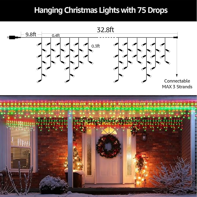 Led Christmas Lights Outdoor Christmas Decorations Hanging Light 400LED 8 Modes 75 Drops, Waterproof Outdoor Indoor Fairy Xmas Lights for Party, Holiday, Wedding, Home Decorations (Red and Green)