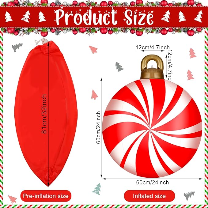 Jetec 4 Pcs Giant Inflatable Christmas Ball Large Xmas Inflatable Ornaments PVC Outdoor Holiday Blow Ball Outside Yard Lawn Porch Decorations (Candy,Red,White)