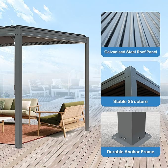 10’ x 10’ Louvered Pergola, Outdoor Pergola Aluminum Frame with Adjustable Rainproof Metal Roof, Permanent Sun Shade with Drainage System for Backyard, Garden and Lawn (Grey)