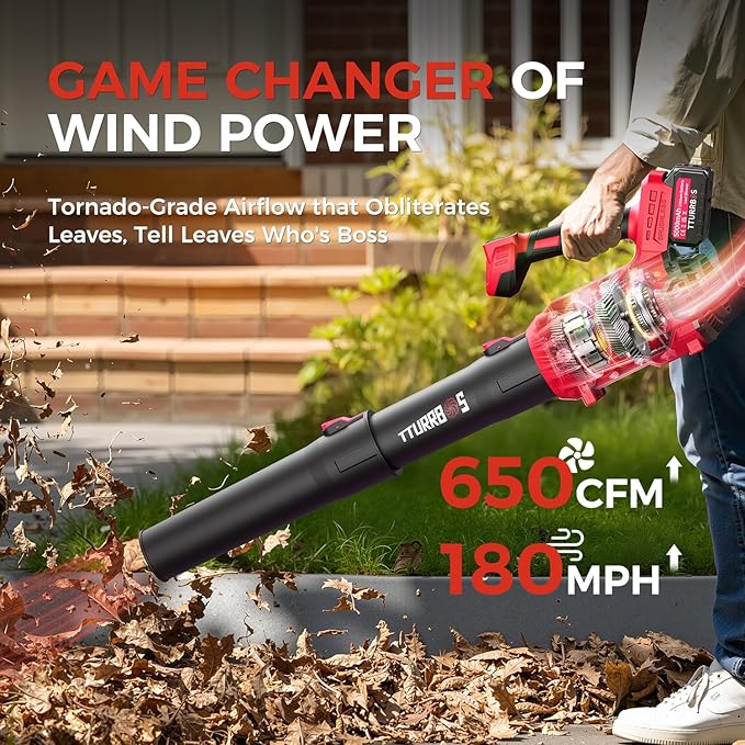 Leaf Blower Cordless - 650CFM Brushless Motor Leaf Blower with 6-Speed Control & Ergonomic Handle - Includes 2 x 5.0Ah Batteries & Fast Charger - Blowers for Lawn Care, Yard, Patio, Leaves, Snow, Dust