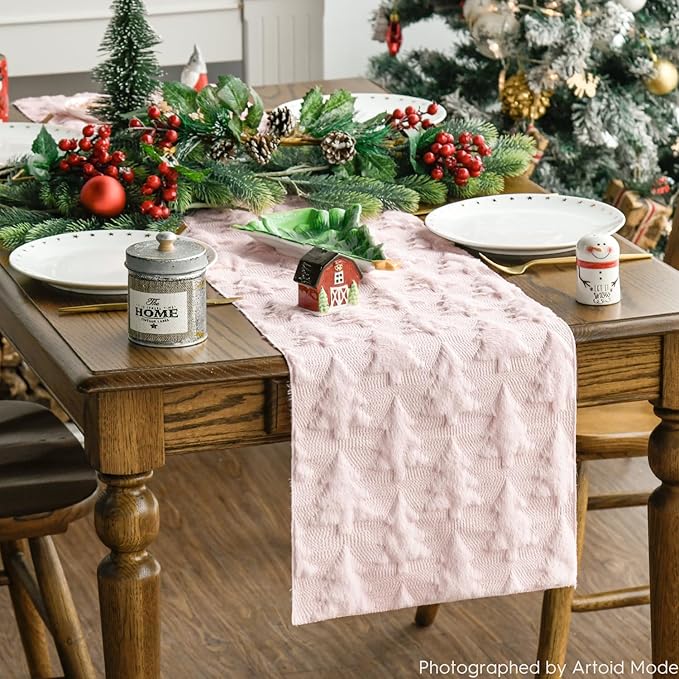 Artoid Mode Christmas Trees Pink Soft Plush Faux Fur Jacquard Christmas Table Runner, Holiday Kitchen Dining Table Decoration for Home Party Decor 13x48 Inch