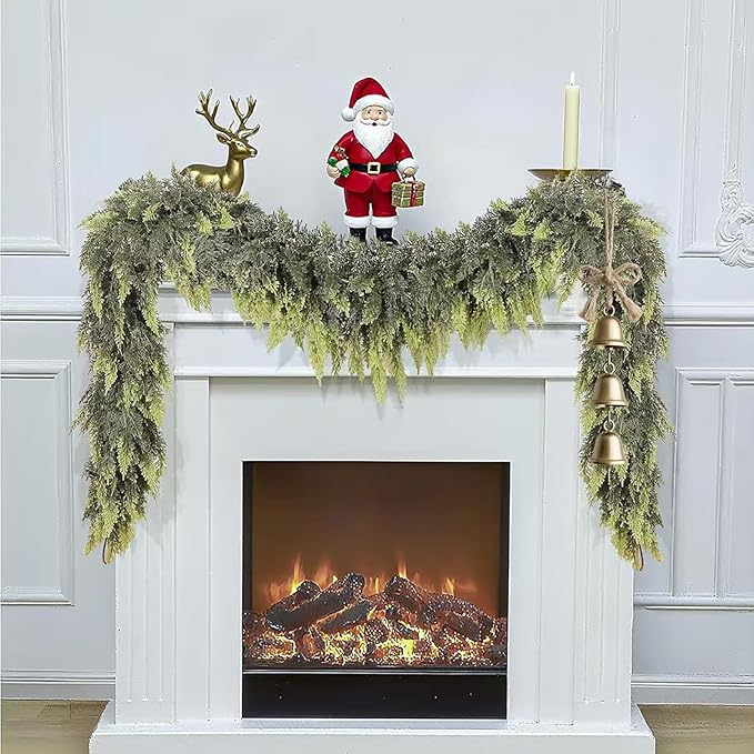 AONEGOLD 2PCS Christmas Garland with Hangers 6FT Green Faux Cedar Pine Norfolk Garland for Fireplace Mantel Door Frame Home Holiday Party Decor, Realistic Artificial Christmas Wreath Decorations