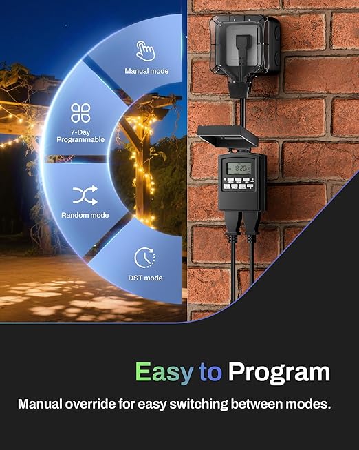 BN-LINK 7 Day Outdoor Heavy Duty Digital Programmable Timer, Outdoor Timer Outlet Waterproof, 2 Grounded Electrical Outlets for Christmas Lights, ETL Listed（2 Pack）