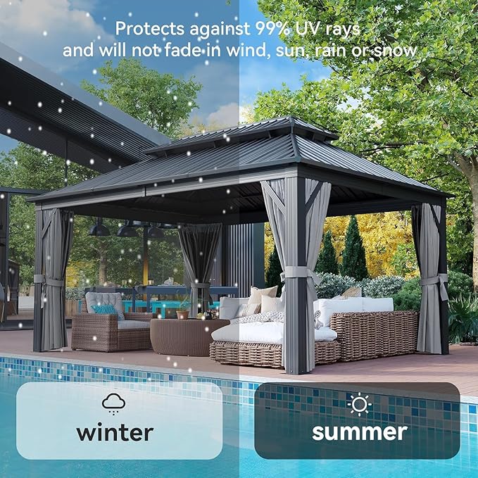 Aoxun 12FT X 16FT Hardtop Gazebo, Outdoor Pergolas with Mosquito Netting and Curtains, Galvanized Steel Double Roof Permanent Aluminum Gazebo, for Gardens, Decks, Patios, Parties, with Ground Nails