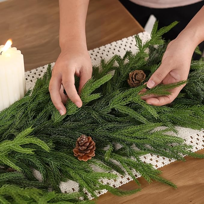 6FT Real Touch Norfolk Pine Garland - Artificial Christmas Garland Fake Green Faux Pine Needles Garland for Table Fireplace Mantle Holiday Home Indoor Outdoor Decor (1PCS)