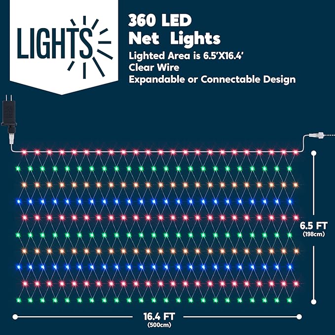 JOYIN 360 LED Christmas Net Lights, 6.5X 16.4FT Christmas Mesh Lights with 8 Modes, Connectable, Waterproof for Bushes Trees Yard Indoor Outdoor Xmas Decorations (Multicolor)