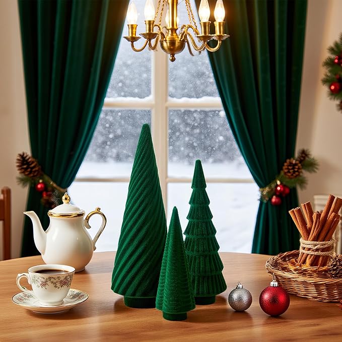 DN DECONATION Set of 3 Flocked Velvet Christmas Trees, Green Tabletop Xmas Tree Decor with Pine, Swirl & Wave Designs Mini Christmas Figurines for Mantel, Desk, Holiday Centerpiece