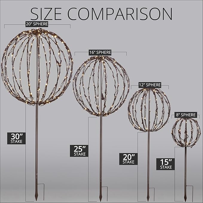 Wintergreen Lighting LED Light Ball - Indoor/Outdoor Christmas Light Balls, Fold Flat Metal Frame (16, Brown Frame, Warm White Lights)